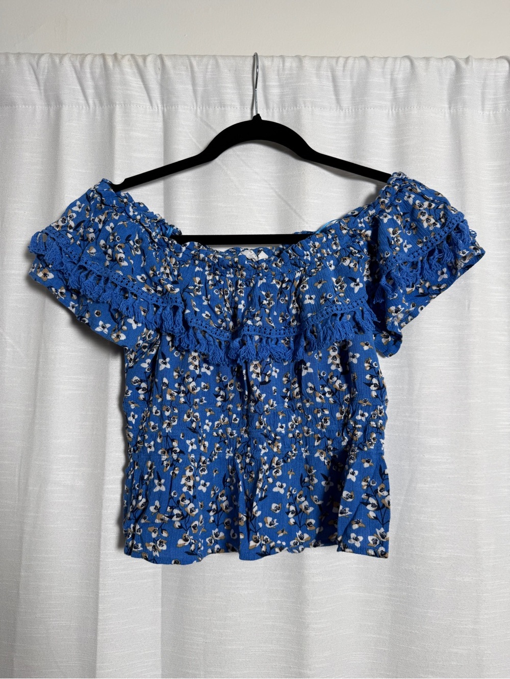 All in Favor Blue Floral Off Shoulder Tassel Ruffle Top | Size L - Picture 5 of 14